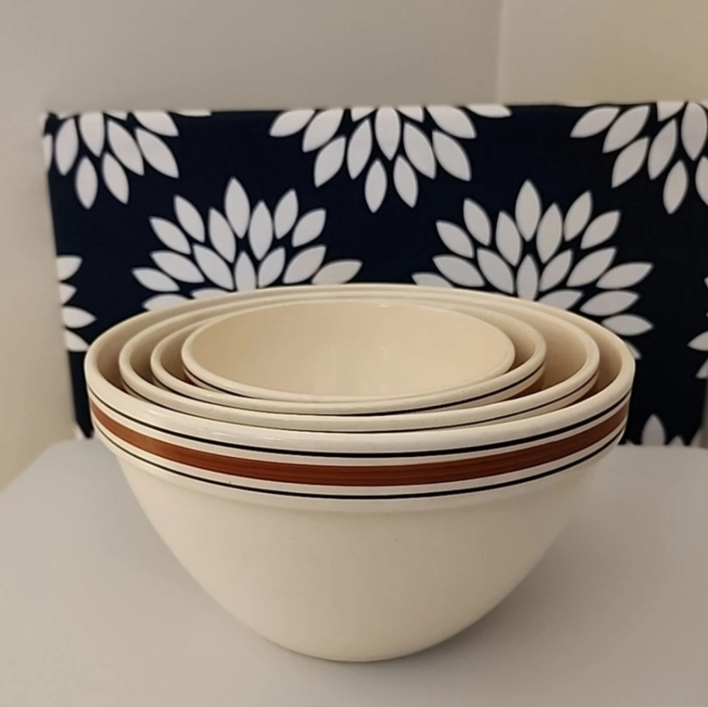 VTG Nevco Nesting Bowls Set of 4 – Romania – Cream w/ Brown Stripes Mid-Century